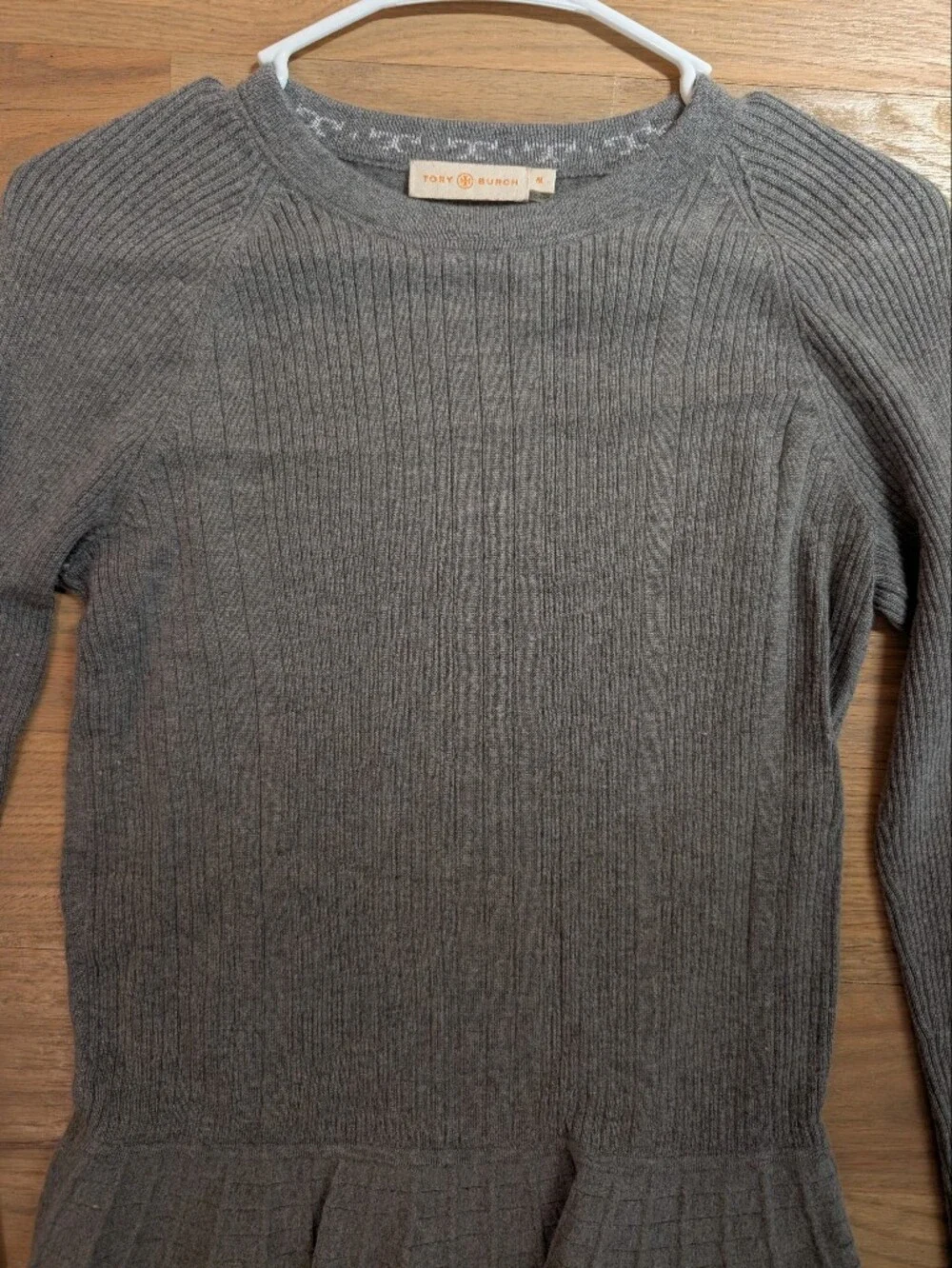 Tory Burch Gray Ribbed Crewneck Cashmere Blend Sweater with Peplum Hem